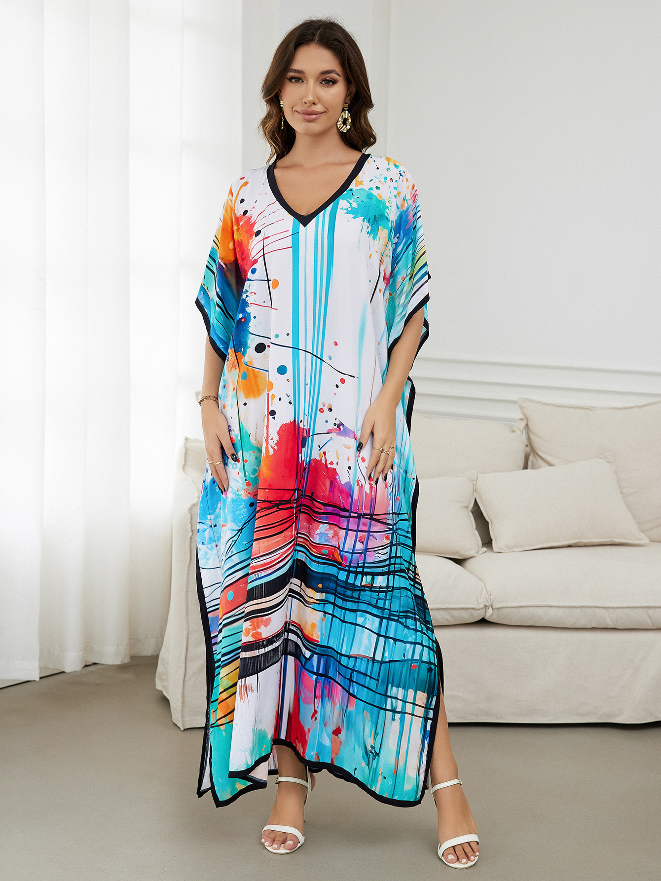 Rochie de plajă lungă kimono dama boho viscoză tie-dye_voghion.com