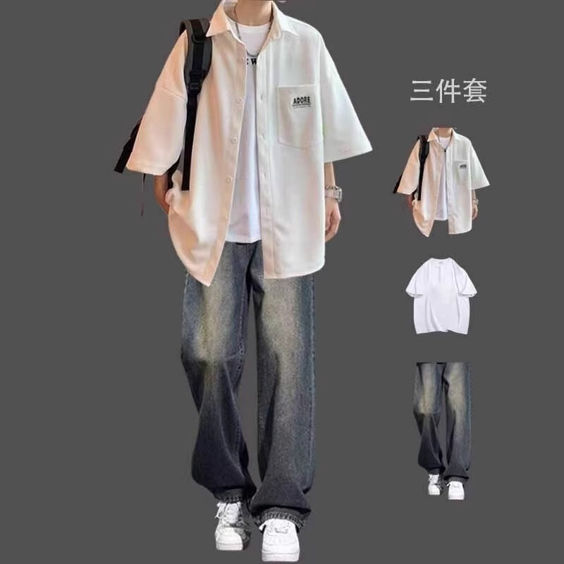 Waffle Shirt Men's Summer Suit Casual Youth Jacket Half-Sleeved Shirt Men's Outfit Set Stylish and Handsome