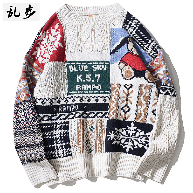 Cartoon Bear Sweater Men's and Women's Loose Casual Crewneck Contrast Color Knitwear Retro Japanese Style Lazy Style Couple's Jacket
