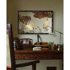 Solid Wood Mirror with Traditional Chinese Style Living Room Bedroom Decorative Painting, High-End Vanity Table with Crane Picture Frame Set