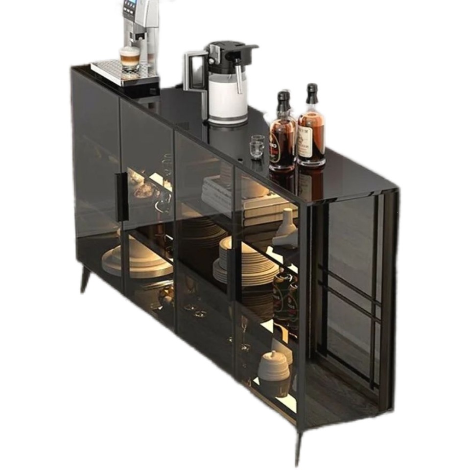 Italian-Style Minimalist Multi-Layer Multifunctional Glass Sideboard, Light Luxury Living Room Wine Cabinet, Kitchen Storage Cabinet, Stainless Steel