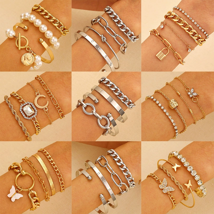 Metal Bracelet Set, 4-Piece Multi-Style (hip-hop, punk, European) – mixed finishes