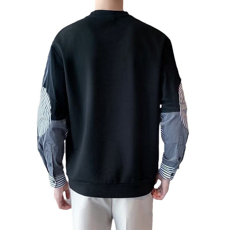 Suéter de cuello redondo con costuras a rayas de tendencia, estilo de Hong Kong para hombres, diseño suelto literario, otoño e invierno, top casual para hombres