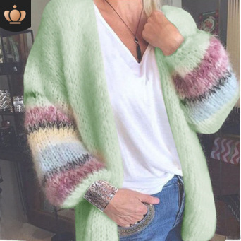 2021 New sweater striped mohair cardigan European and American autumn and winter knitted long-sleeved coat cross-border women's clothing_voghion.com