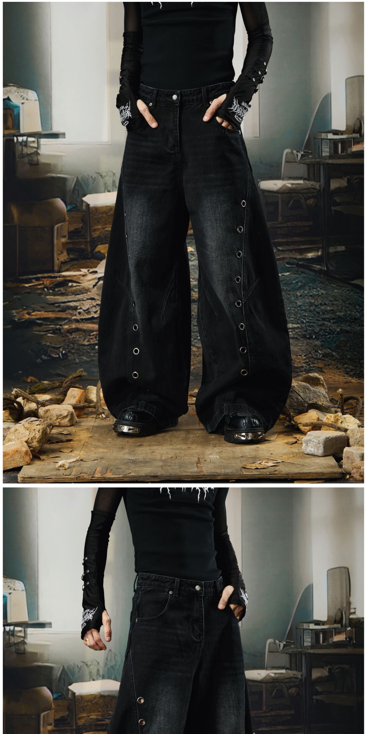 Herren Darkwear Jeans Mit Metallring Und Used Look Weit Geschnitten_voghion.com