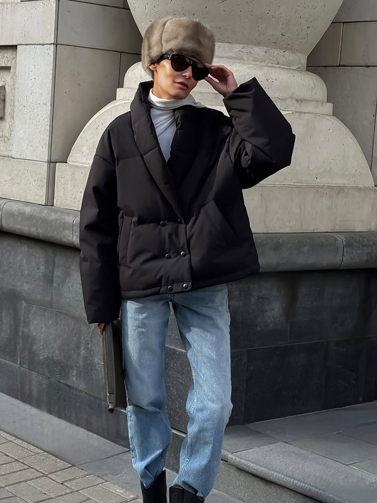 Temperamento de moda simple viento de color sólido V-collar doble abrazadera de algodón abrigo 2025 otoño y invierno nuevo estilo transfronterizo europeo y americano