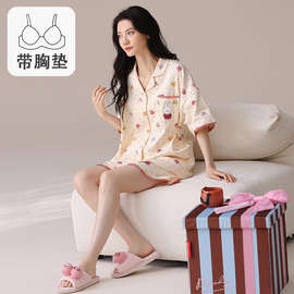 带胸垫短袖睡衣女纯棉夏季可爱通甜美家居服6新套装开衫