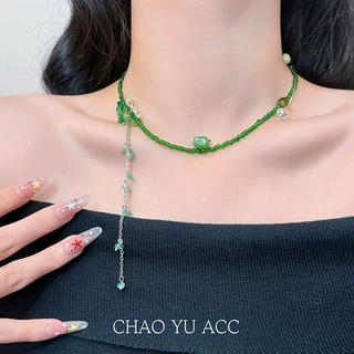 森系绿色花朵串珠流苏choker项链女2026年新爆款轻奢高级感锁骨链