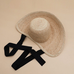 夏季歐美時尚黑色綁帶圓頂大檐拉菲草帽女度假遮陽海邊沙灘編織帽