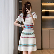 哥家新款商场同款2025夏季轻奢女神范针织小香风短袖连衣裙子女