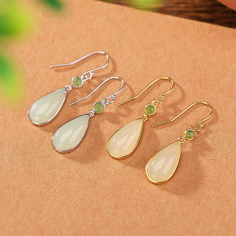 Bông tai móc bạc S925 mạ vàng hình nai, mặt ngọc bích phong cách retro giọt nước chữ Hỷ — Kiểu màu bạc