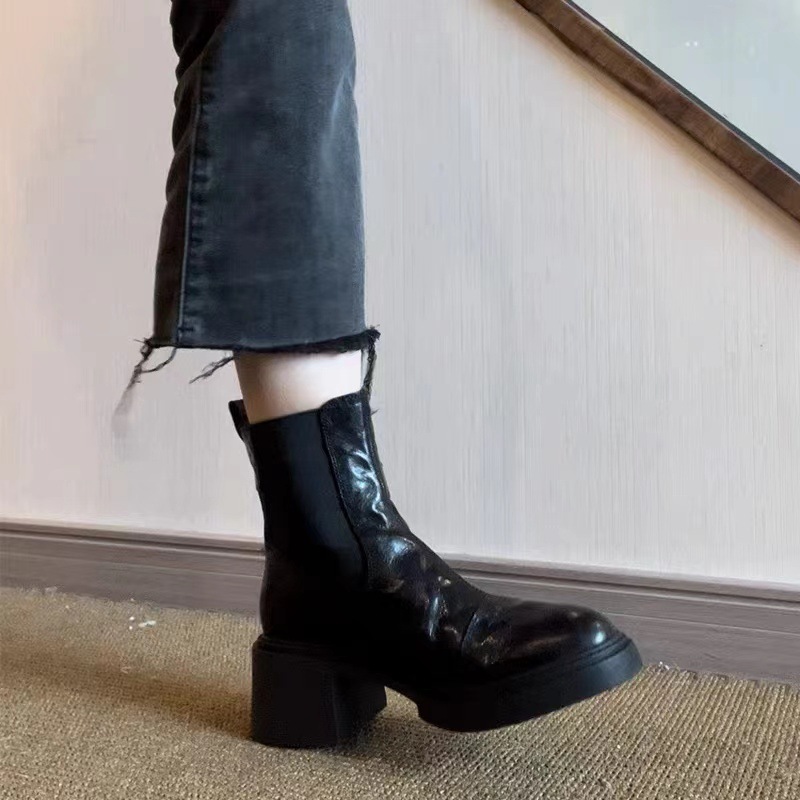 Autumn And Winter Retro Pleated Slim High-heeled Short Boots, Thick-soled Chunky Heel Black New Elastic Martin_vogvips.com