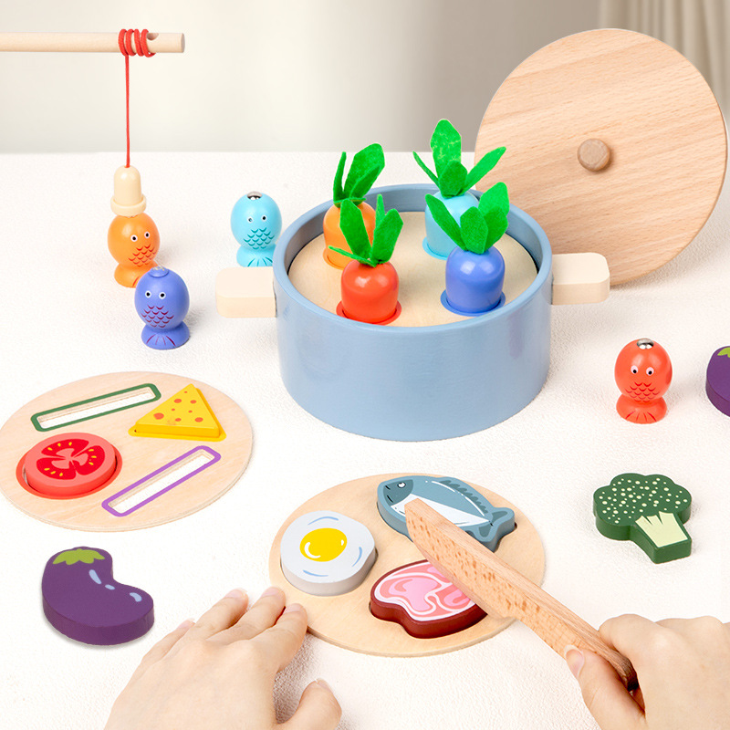 Niños de madera simulación de cocina casera cocina juego de cocina padres-hijos pescar verduras juguetes interactivos multifuncionales