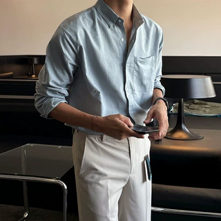 MYQ复古亚麻衬衫男长袖2023秋季新款韩版潮流宽松工装牛仔衬衣