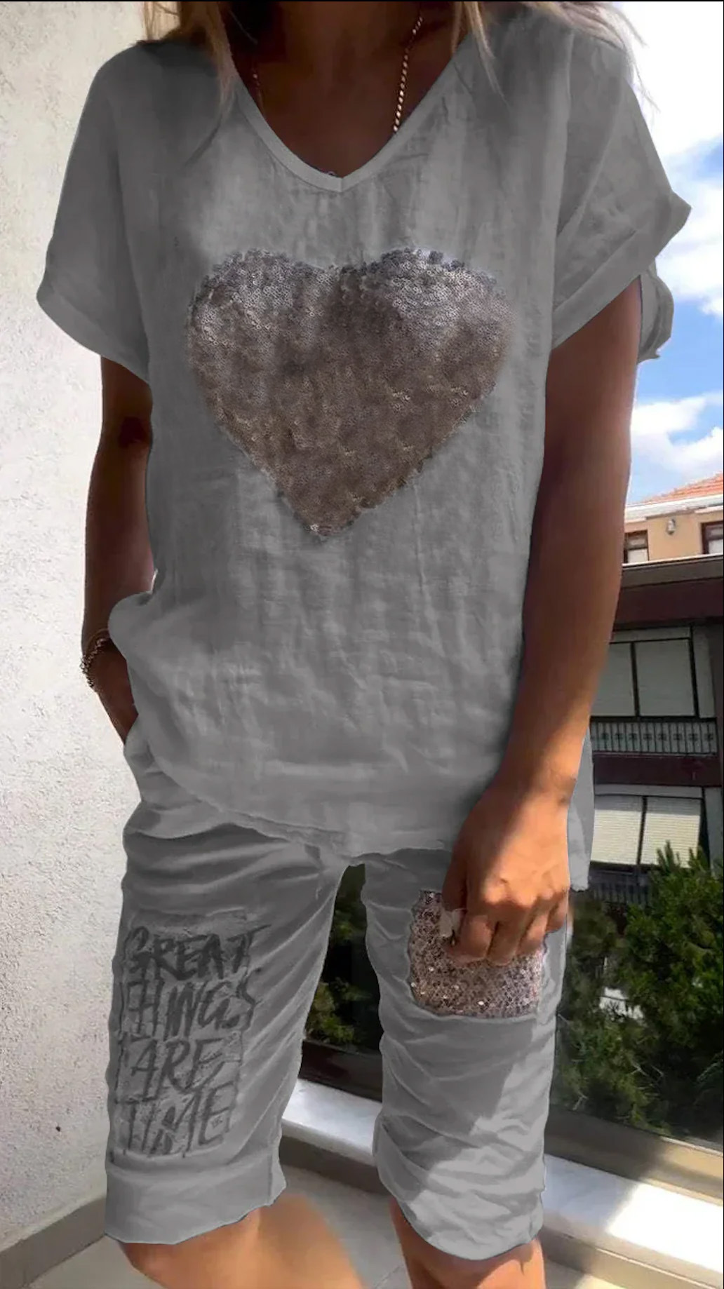 2024 European And American Cross-Border New Casual Women's Heart-Shaped Sequin Decorated Set Cotton Linen Loose Shorts_ecoleips.com