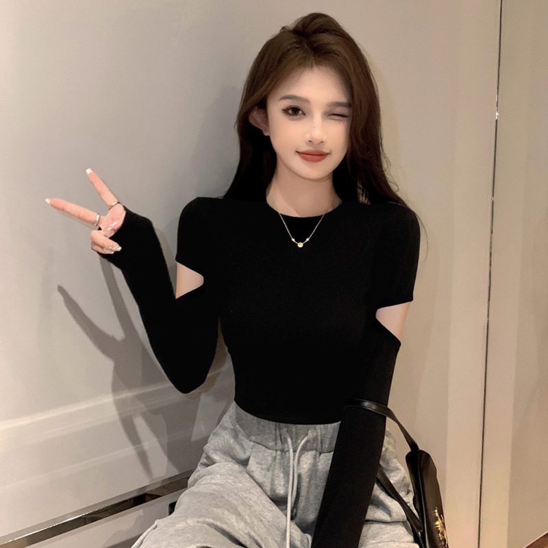 螺纹黑色半高领打底衫女春秋内搭针织短款长袖t恤破洞紧身上衣潮|undefined