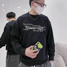 潮牌巴黎男士卫衣纯棉长袖t恤 BL家多国语言印花圆领宽松款打底衫