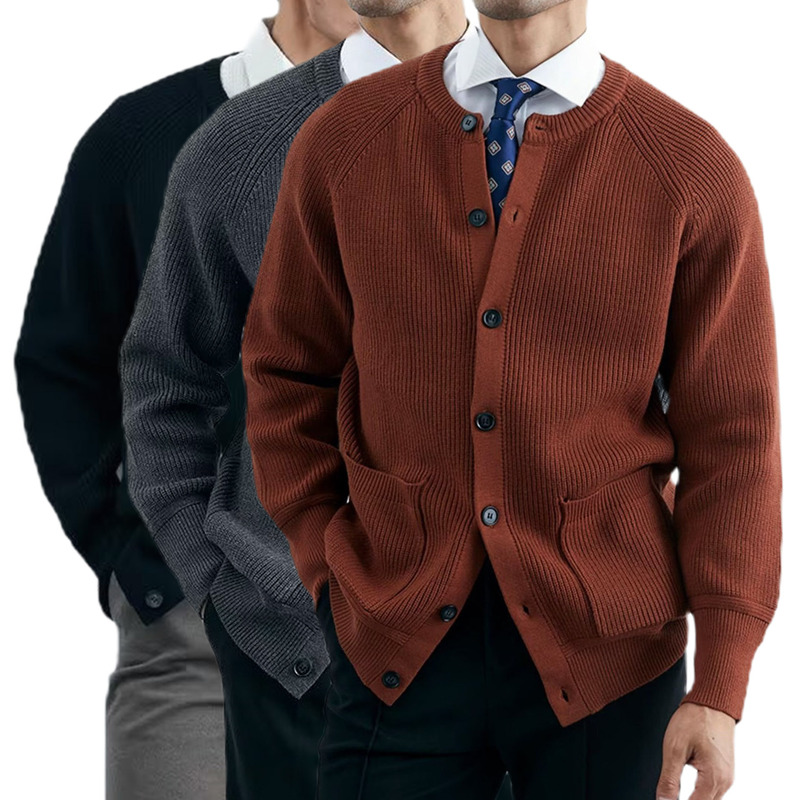 Cross-Border Popular European Size Large Size Cardigan Sweater Men's Autumn and Winter Round Neck Jacket Business Sweater Factory Wholesale