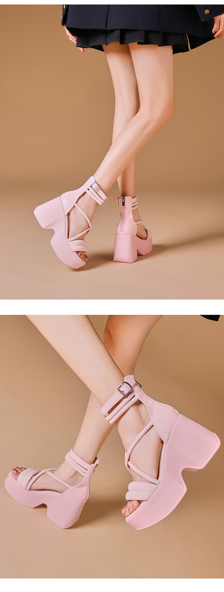 Sandal cao gót La Mã hở mũi đế platform dây kéo sau gót 10 cm — Màu đen, Màu hồng, Màu trắng be chi tiết 10
