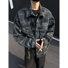 复古格纹牛仔外套男春秋季2025新款潮牌休闲衬衫翻领夹克男上衣服