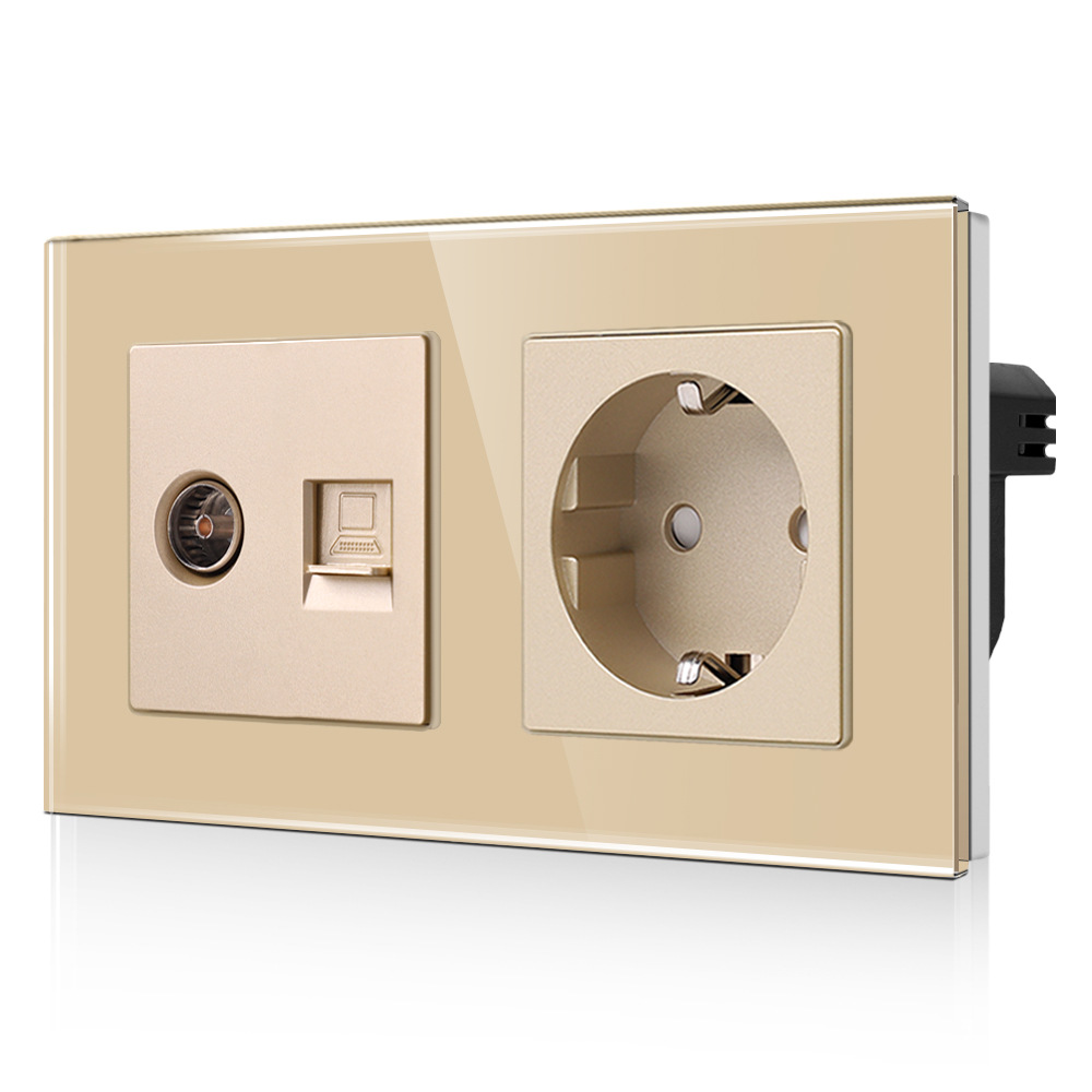 金色德插带TV/CAT6功能插口欧式插座德式插座带接地俄罗斯插座