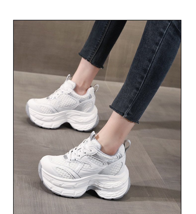 Giày sneaker nữ chunky đế dày lưới thoáng khí, đế bánh xốp mềm, tăng chiều cao nhẹ — Màu xám trắng chi tiết 12
