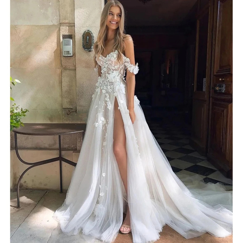European and American New Style Aliexpress High-Slit Off-Shoulder Wedding Dress White Foreign Trade Design Wedding Dress Elegant Gown European and American New Style Aliexpress High-Slit Off-Shoulder Wedding Dress White Foreign Trade Design Wedding Dress Elegant Gown