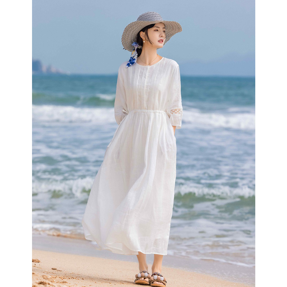 2024 Spring and Summer New Style White Elegant Fine Ramie Lace Lantern Sleeve Lace Slimming Look Dress