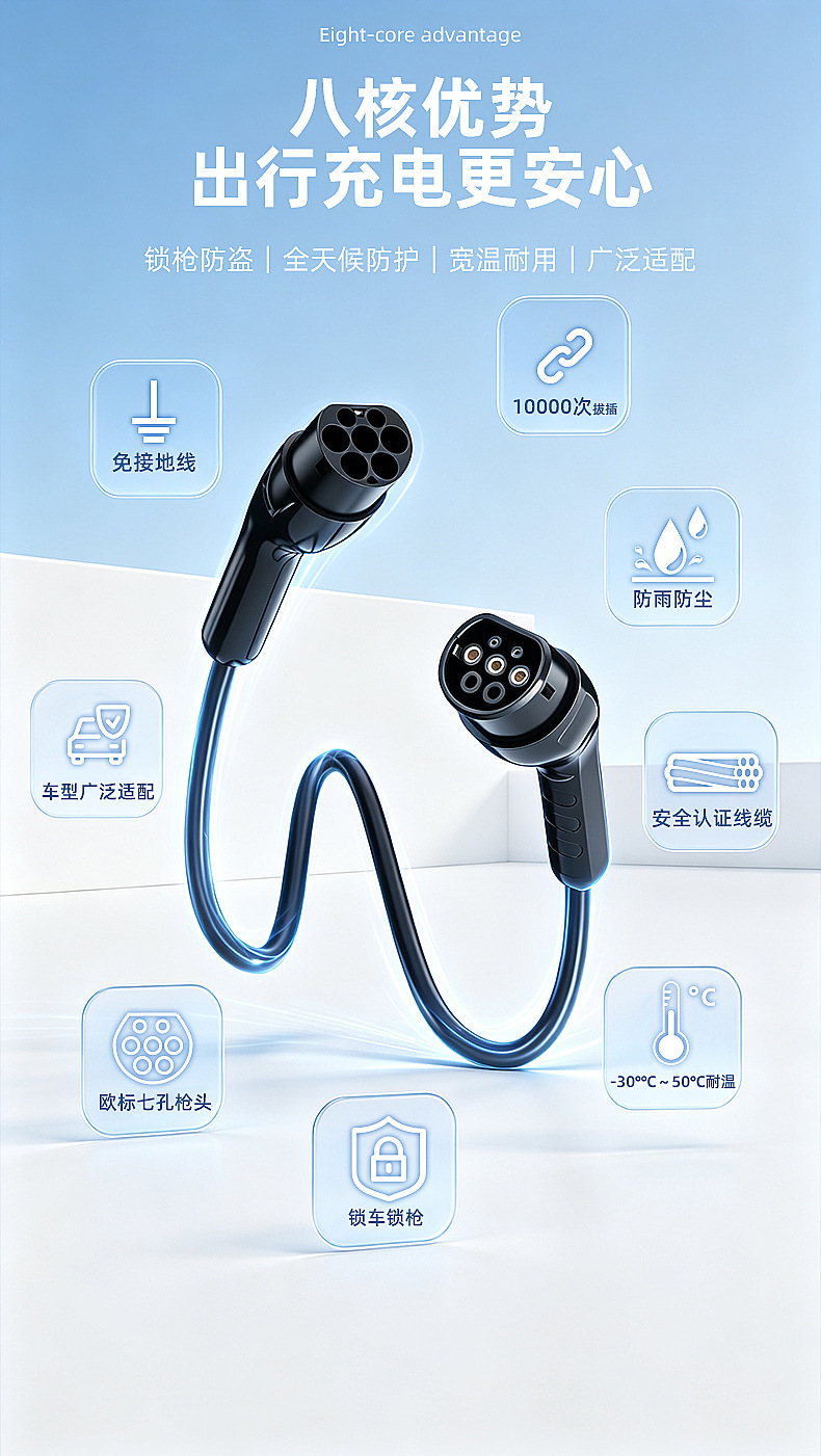 European standard dual-head charger for new energy electric vehicles, portable home and vehicle-mounted charging station with extension cable, 11KW