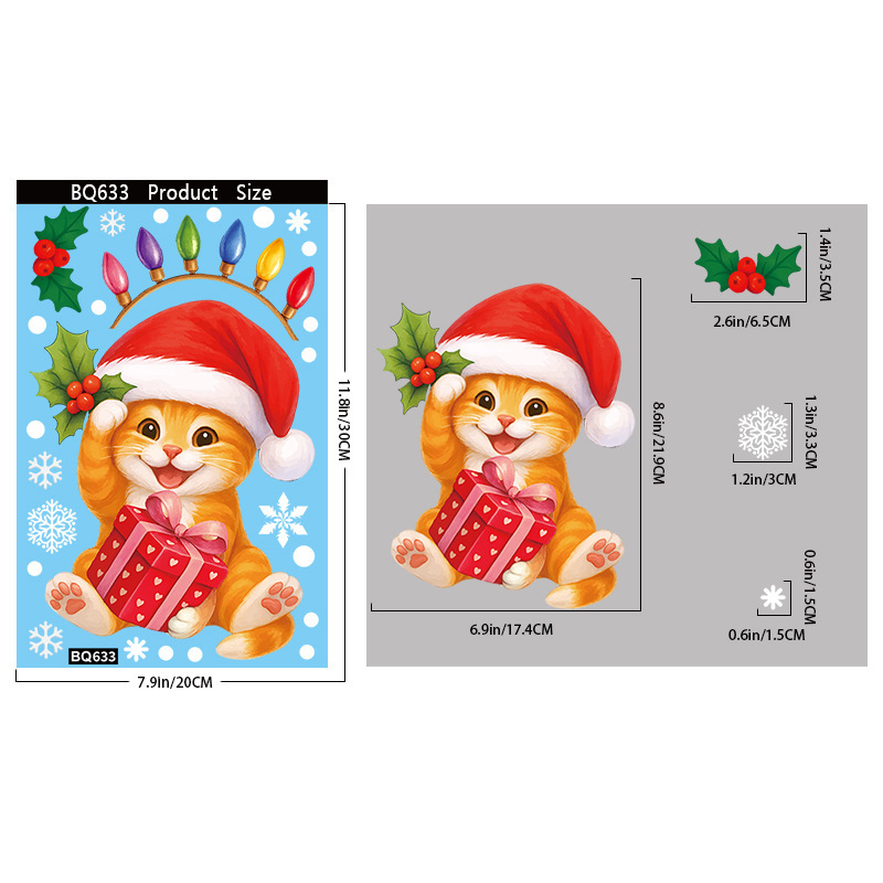 Amazon クリスマスステッカークリエイティブ子猫静電ステッカークリスマスパーティー用品スノーフレークベルガラスステッカー|undefined