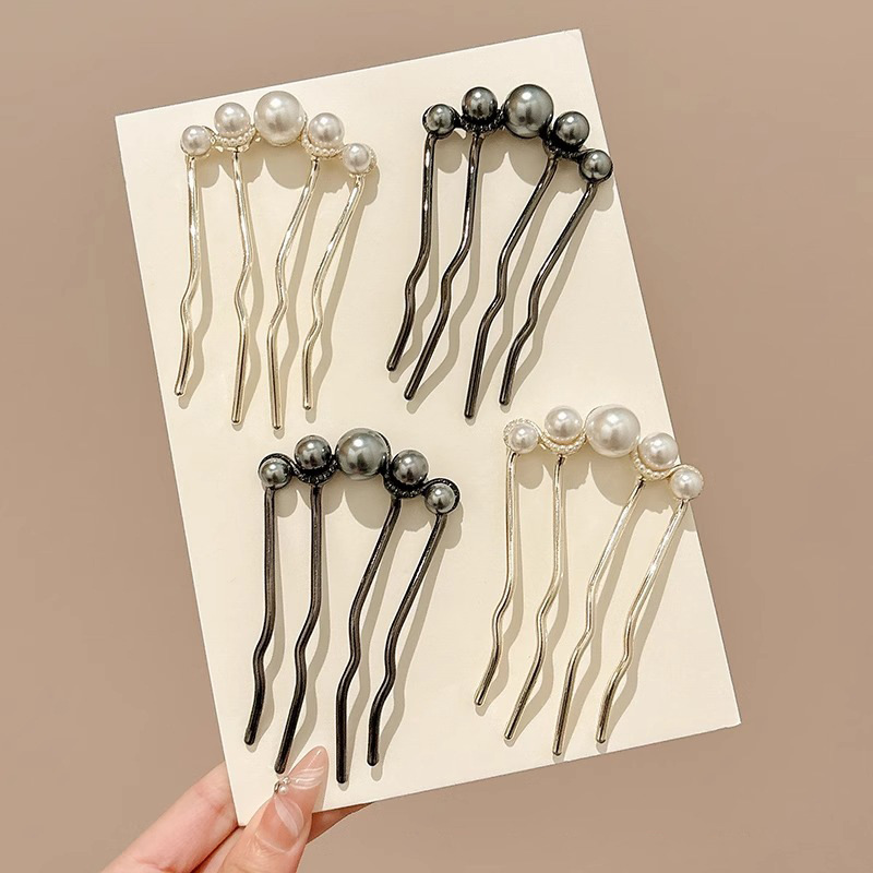 Perla en forma de U cuatro dientes peinado temperamento femenino bandeja de cabello detrás de la cabeza bola clip de cabello de alta sensación retró joyería para el cabello