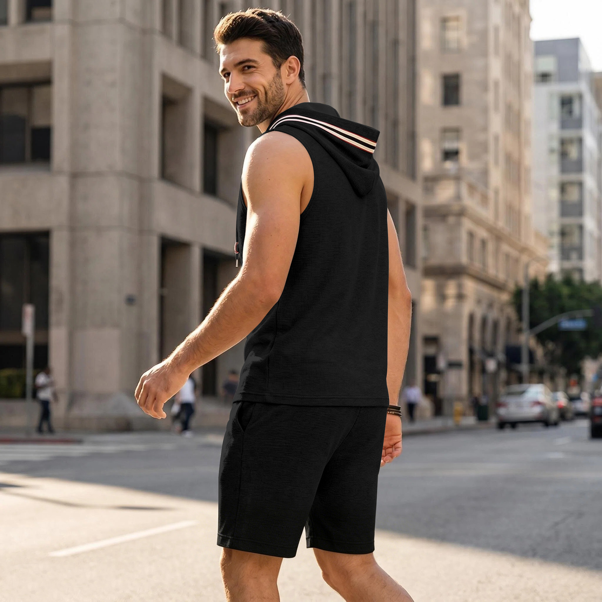Men's Summer Hooded Vest And Shorts Set, Casual Loose Fit Breathable Athletic Two-Piece Outfit With Color Block Design_viptrois.com