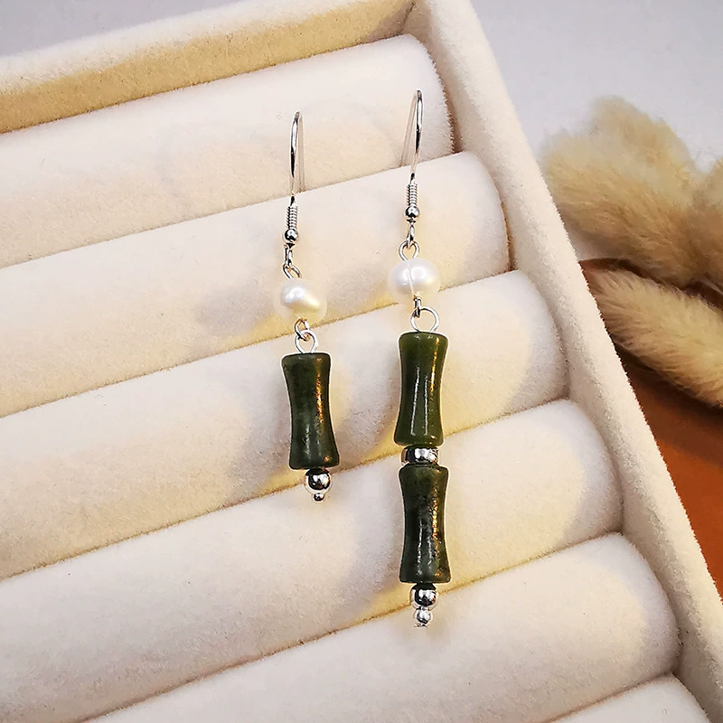 925 Silver Olive Jade Bamboo Sexual Ear Hook Chinese Wind New Chinese Bamboo Ear Hook Natural Olive Jade Advanced
