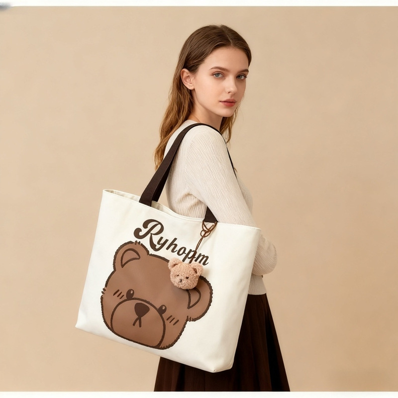卡通小熊印花帆布包女大容量日系文艺百搭单肩包初高中学生补课袋