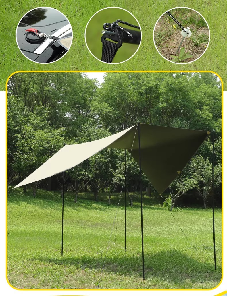 Vinyl Car Side and Rear Canopy Tent with Poles for Outdoor Camping, Sunshade Car Roof, Semi-Shade Canopy Side Tent for Sedan