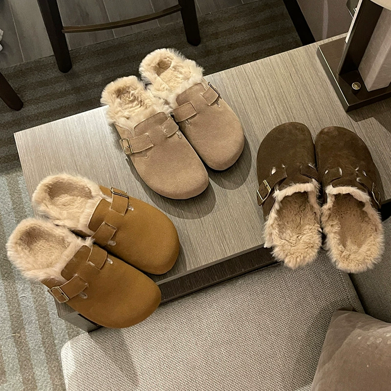 Осенние и зимние туфли Birkenn с толстой подошвой женские ретро-булочки с половиной педали ленивые туфли плюс бархат теплые меховые туфли с мягкой подошвой