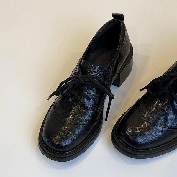 Soft Leather Version~British Retro Soft Leather Round-Toe Lace-Up Loafers, Versatile for Commuting, Chunky Heel Small Leather Shoes for Women