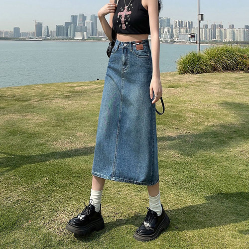 Women's Ins Style Frayed Denim Half-length Skirt with High-waist Design, Leather Branding, Unique A-line Hipster Medium-length Dress