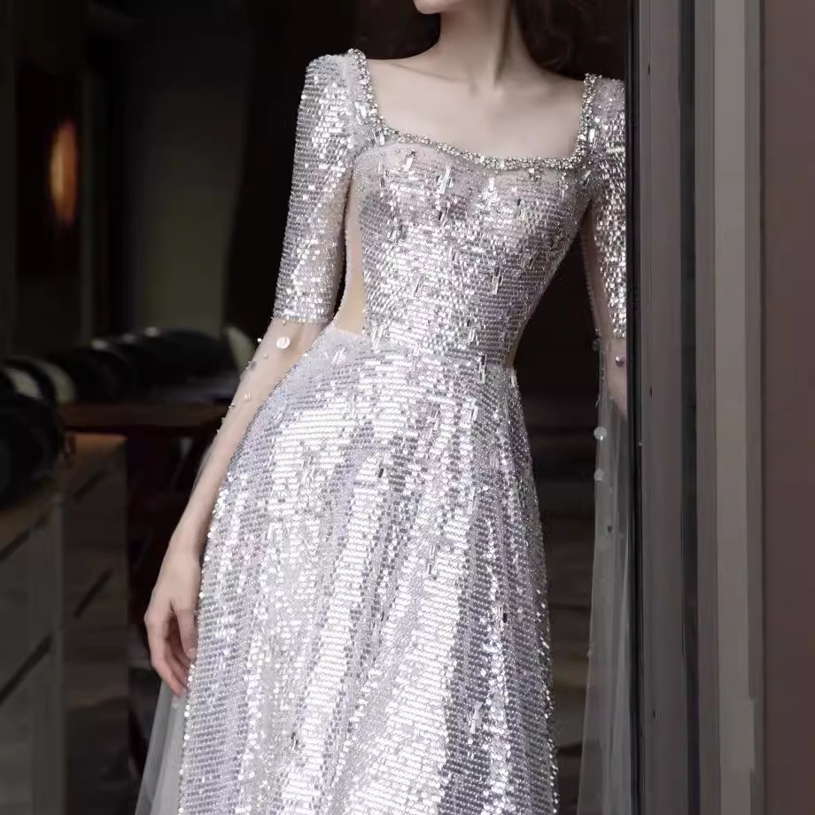 Women's Silver Sequined Off-The-Shoulder Evening Gown Hepburn Style Starry Sky Party Toast Dress Model Runway Annual Event_ecoleips.com