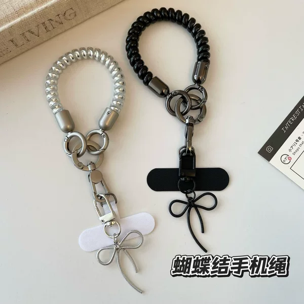 Bowknot phone cord elastic mobile phone lanyard, short wrist keychain, sturdy anti-lost bag accessory, ins style