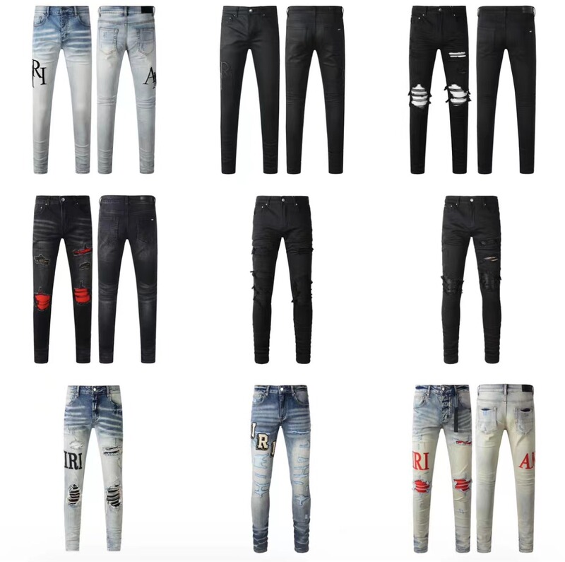 Foreign trade cross-border European and American trendy brand street style jeans, fashionable slim-fit ripped distressed denim pants