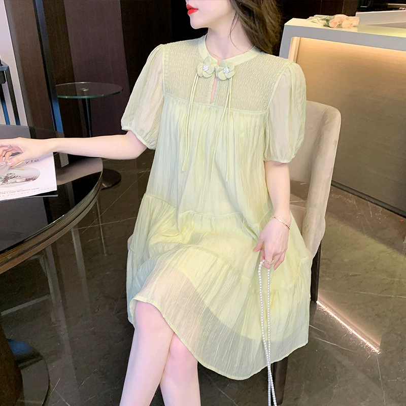 Новое платье с пряжкой в ​​китайском стиле, новое летнее желтое лиоцелловое платье из тенселя с пышными рукавами, высококачественное кукольное платье для женщин