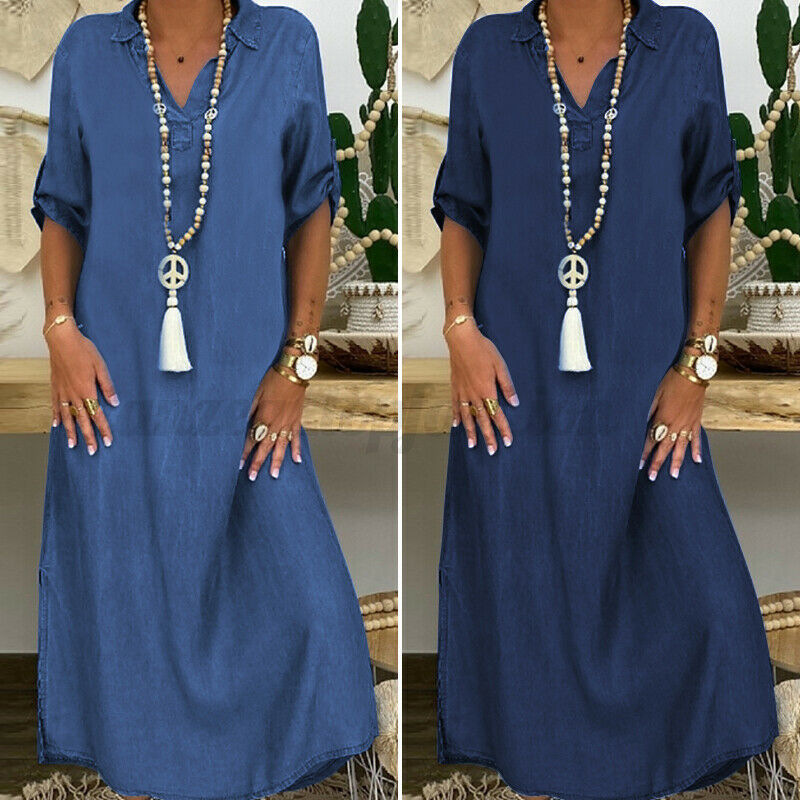2021 Amazon European and American AliExpress wish large size women's denim dress foreign trade solid color plus size dress 2021 Amazon European and American AliExpress wish large size women's denim dress foreign trade solid color plus size dress