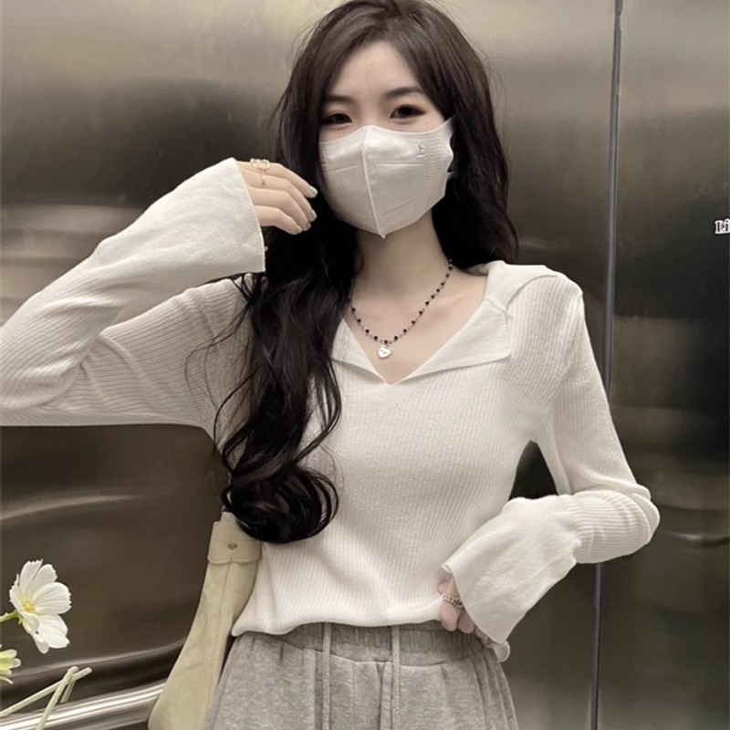 高级螺纹polo翻领针织毛衣女春季秋装V领法式内搭长袖打底衫上衣|undefined