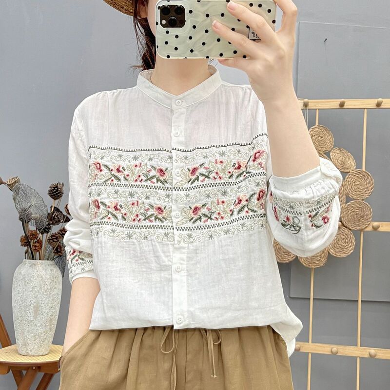 Double-Layer Cotton Gauze Stand-Up Collar Long-Sleeved Shirt for Women, Artistic Embroidered Beautiful and Unique Flower Embroidered Bottoming Shirt Top