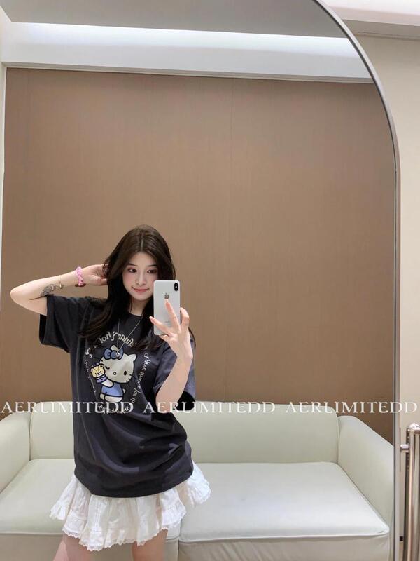 コットンガーリー韓国風イン新作ハローキティ猫プリント半袖ルーズTシャツアウターかわいいミドル丈|undefined
