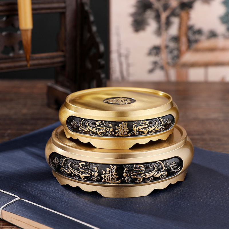 Pure Brass Painting Black Large Double Brave Base Chinese Round Landscape Baifu Rice Cylinder Bracket Home Brass Ornaments