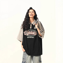 夏季美式复古拼接撞色短袖POLO衫男女潮牌街头学院风情侣重磅上衣