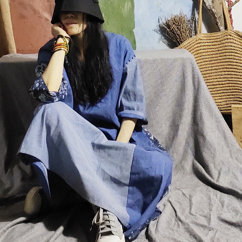 Spring and Summer Denim Spelled with Hand-Needle Romantic Sentimental Literary Retro Style Long Dress