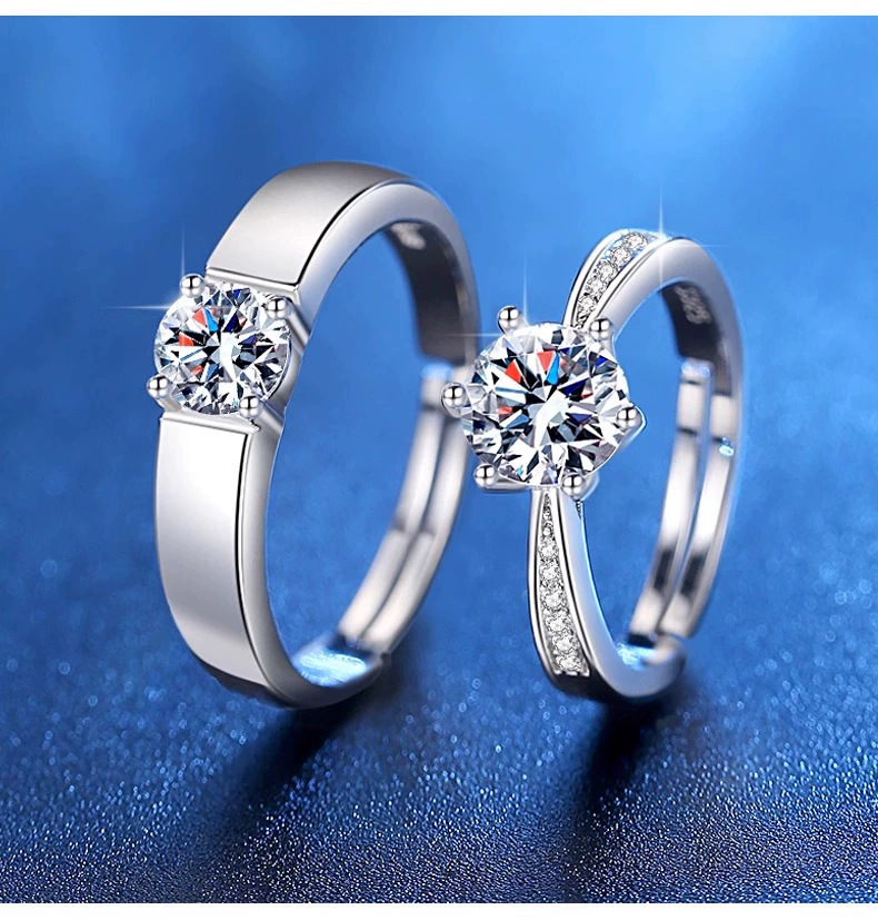 Classic Diamond Couple Rings Adjustable Engagement Set_voghion.com